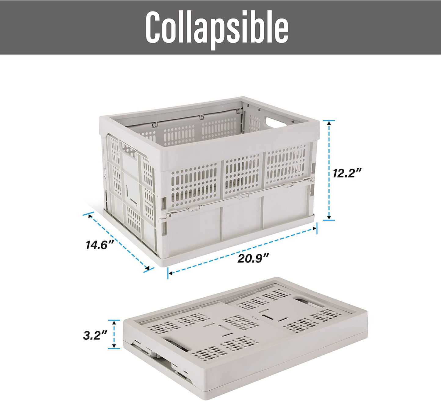 52L Collapsible Heavy Duty Storage Bin/Container, Stackable Folding Plastic Bin, Grated Wall, Utility (1, Square, 52, Liters, Bin Grey)