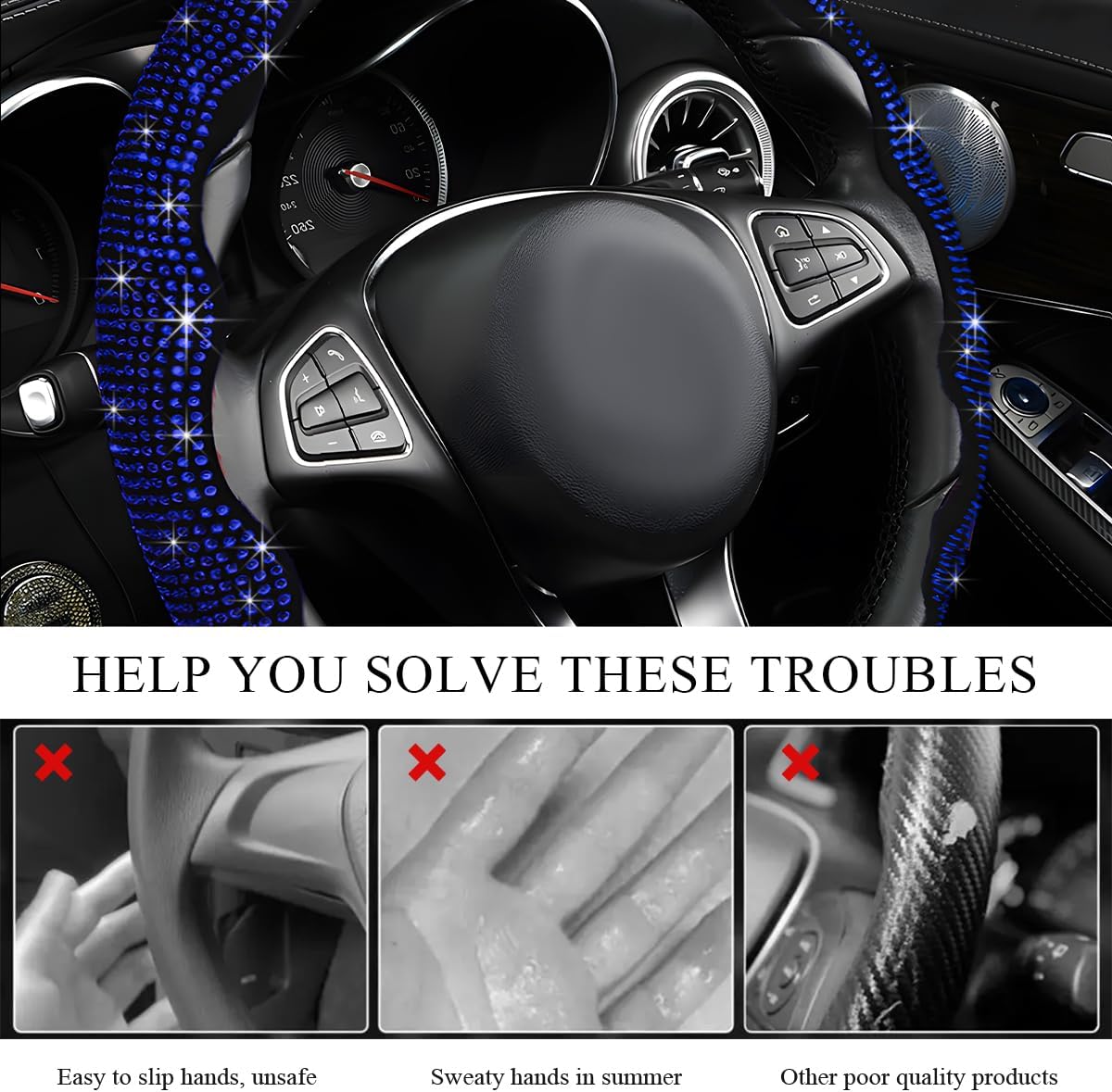 2PCS Steering Wheel Cover, Sparkling Rhinestone Segmented Steering Wheel Protector Fit 14-15.6 Inch, Non-Slip Wheel Wrap Cover Bling Car Interior Accessories for Women Girls (Blue)