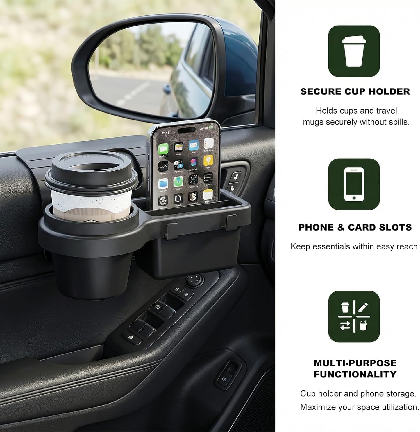 Car Window Multifunctional Storage Organizer, Vehicle Side Door Mount Storage Rack with Cup Holder & Sponge Pads, Plug & Play Car Organizer for Cell Phone Earphone Key Water Cup