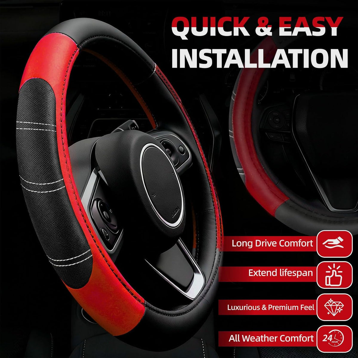 NBTEPEM 6 Pcs Red Steering Wheel Cover Set, Sport Microfiber Leather Steering Wheel Cover 14.5-15inch Universal, Car Center Console Cover, Seat Belt Cushion, Cup Coasters, Red Car Accessories Set