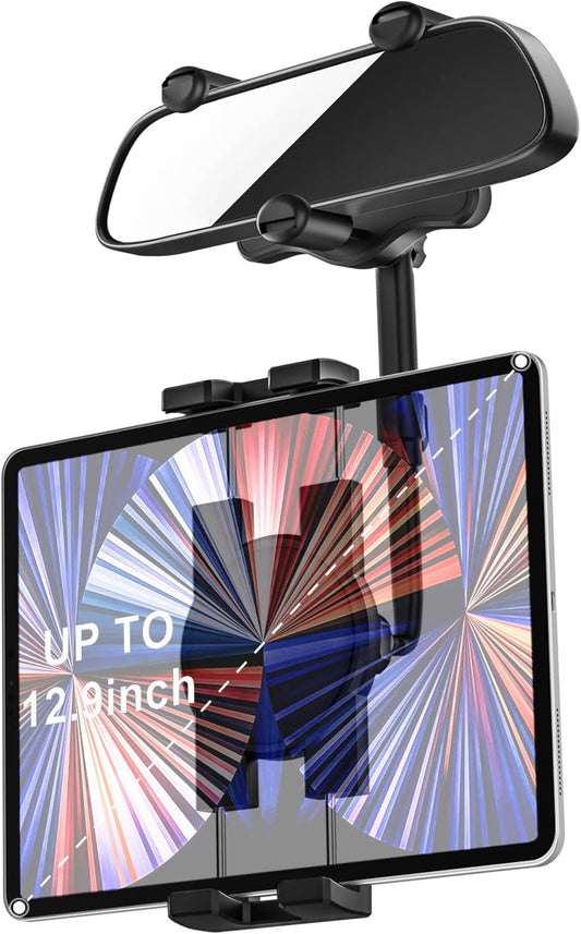 Rearview Mirror Tablet Holder for Car, Rear View Mirror Car Tablet Mount, 360° Rotatable Adjustable Universal Clip, for iPad Pro Air Mini, Galaxy Tabs, Z Fold, Fire HD, iPhone, 4.7-11" Devices