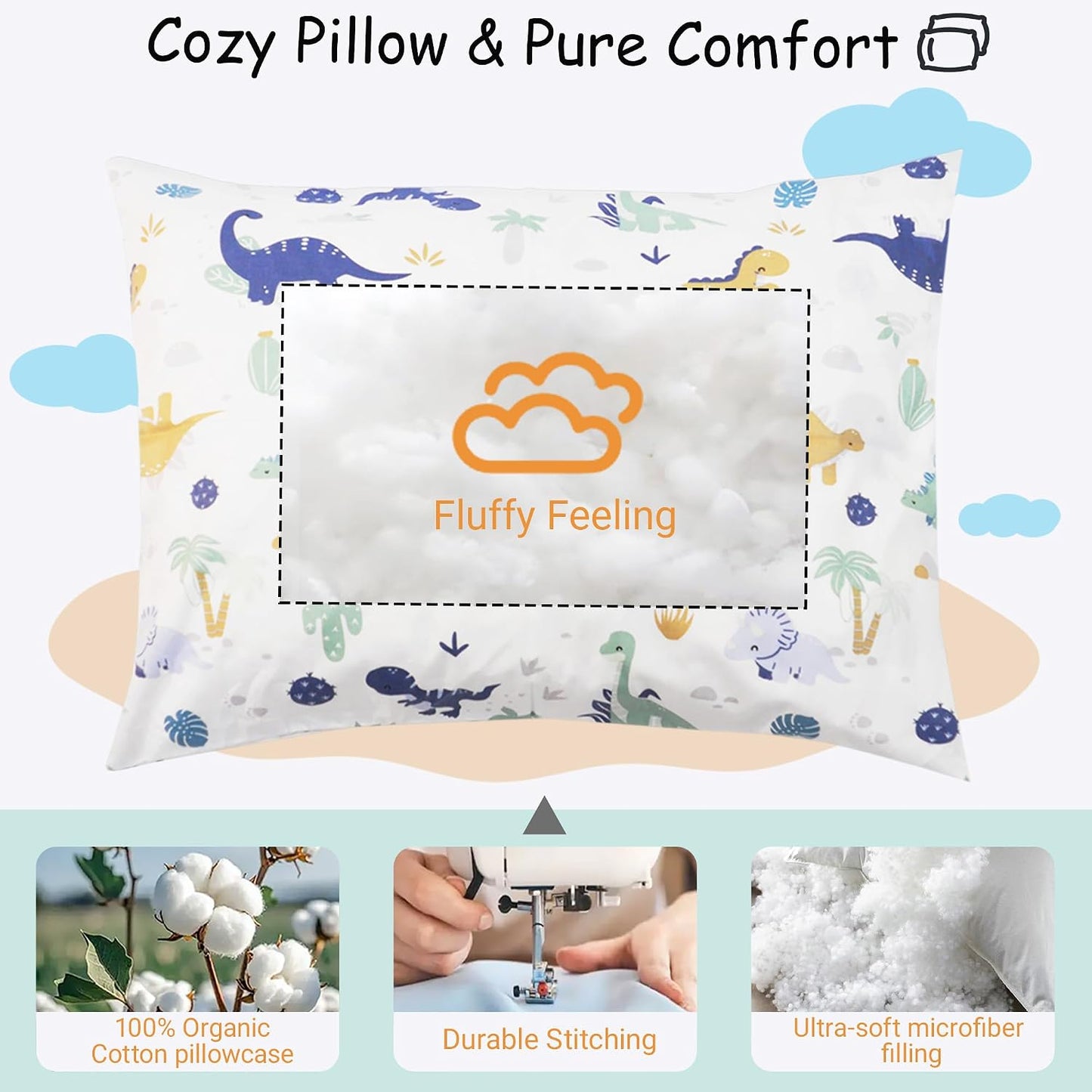ZPECC Toddler Pillow with Pillowcase 2 Pack - 13x18 Organic Cotton Small Kids Pillow, Soft Breathable Bed Pillows for Sleeping Travel School Nap (Intended for Age 2 and up) Dinosaur