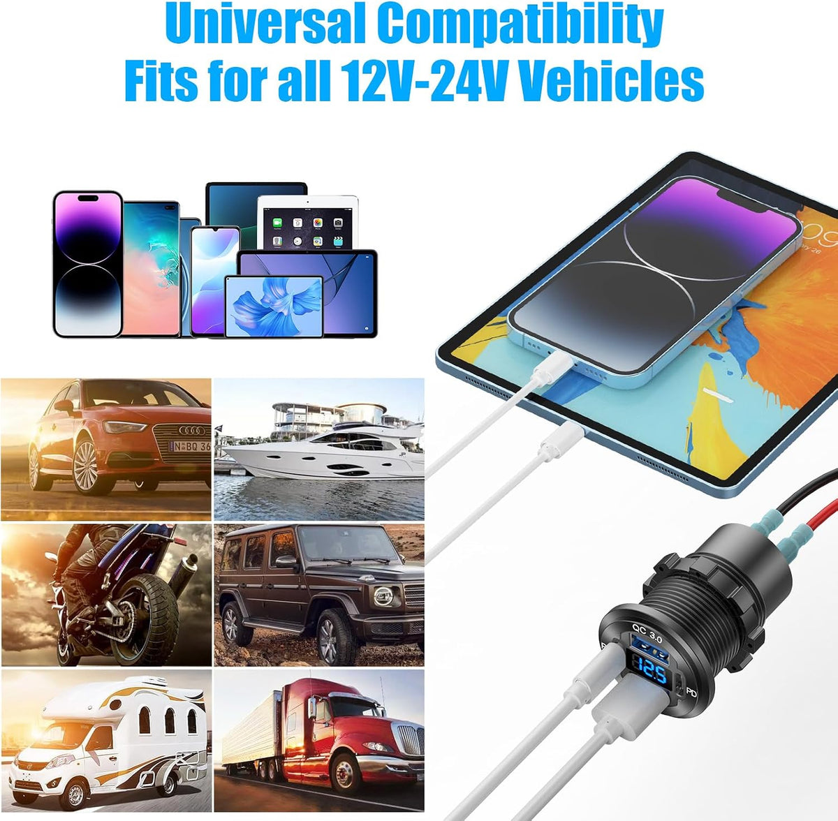 2 Pack 12V USB Outlet 4 Port Car Charger Socket, 78W Dual PD USB C and Dual Quick Charge 3.0 Port Aluminum Charger with Voltmeter DIY Kit Waterproof for Car Boat Marine Motorcycle RV ATV Truck, etc