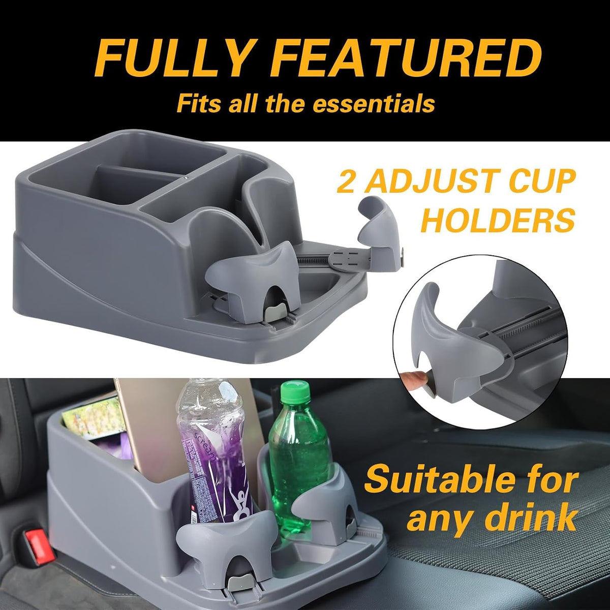 Large Size Plastic Console for Cars, Trucks, Minivans, SUVs with 2 Adjustable Drink Cup Holders Pad Book Holder, Back Bench and Front Seat or Floor Middle Console Universal Vehicle Organizer Grey
