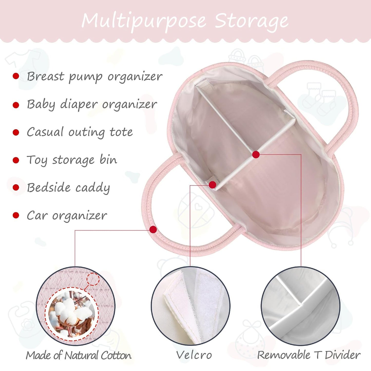 COMSE Baby Diaper Caddy Organizer, Car Caddy, Diaper Change Organizer, Gift Baskets Empty, Portable Tote Bag with Divider, Baby Shower Gifts Newborn Essentials Registry Must Have, Light pink
