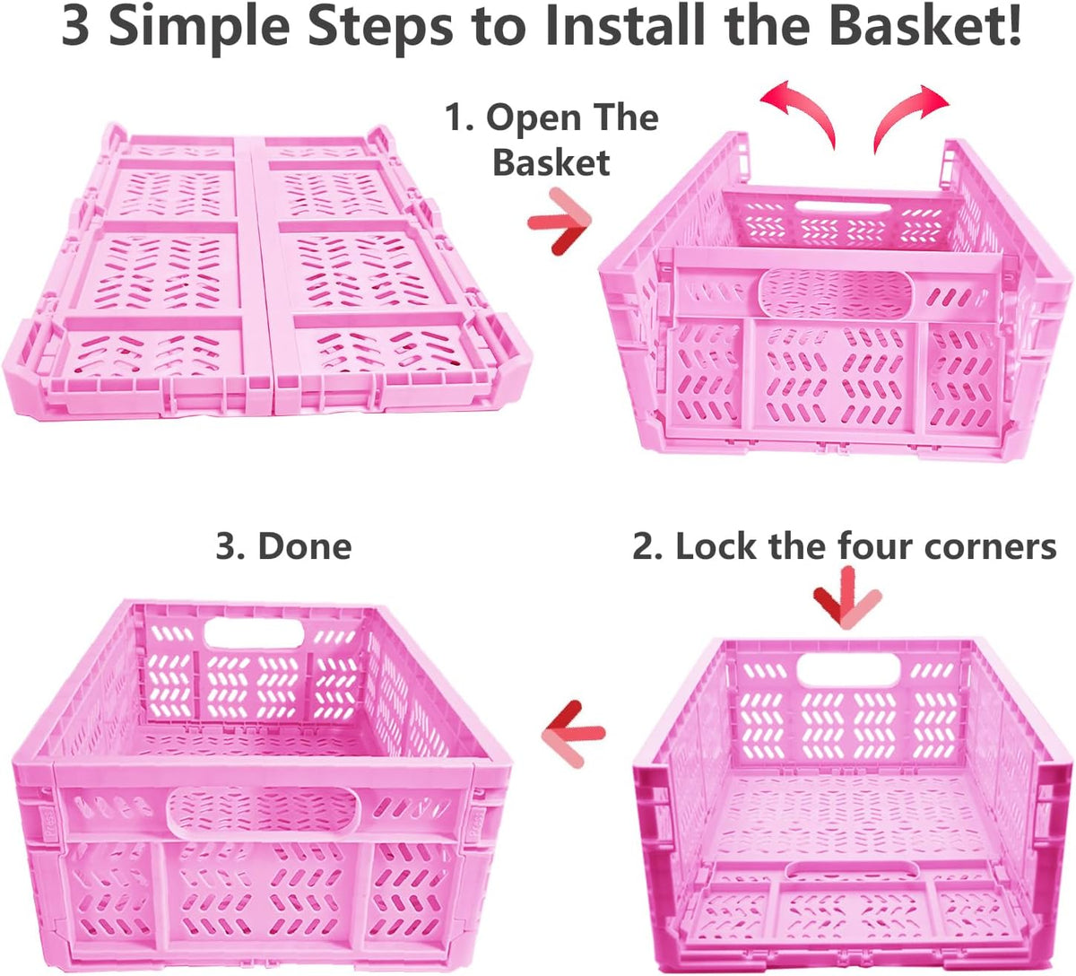 20L Folding Crate, 4Pack Plastic Storage Baskets Organizer for Home and Office,Collapsible Storage Crates for Home Office and Outdoor Organizer.(Pink)