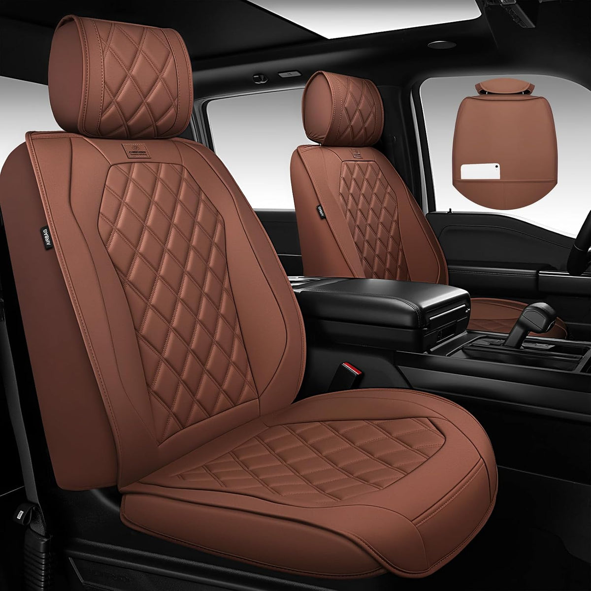 CAR PASS Luxury Nappa Leather Seat Covers Full Set, 3D Rhombus Waterproof Faux Leather Seat Covers, Universal Automotive Seat Cushion Fit for Most Sedan SUV Truck Van, Airbag Compatible Brown