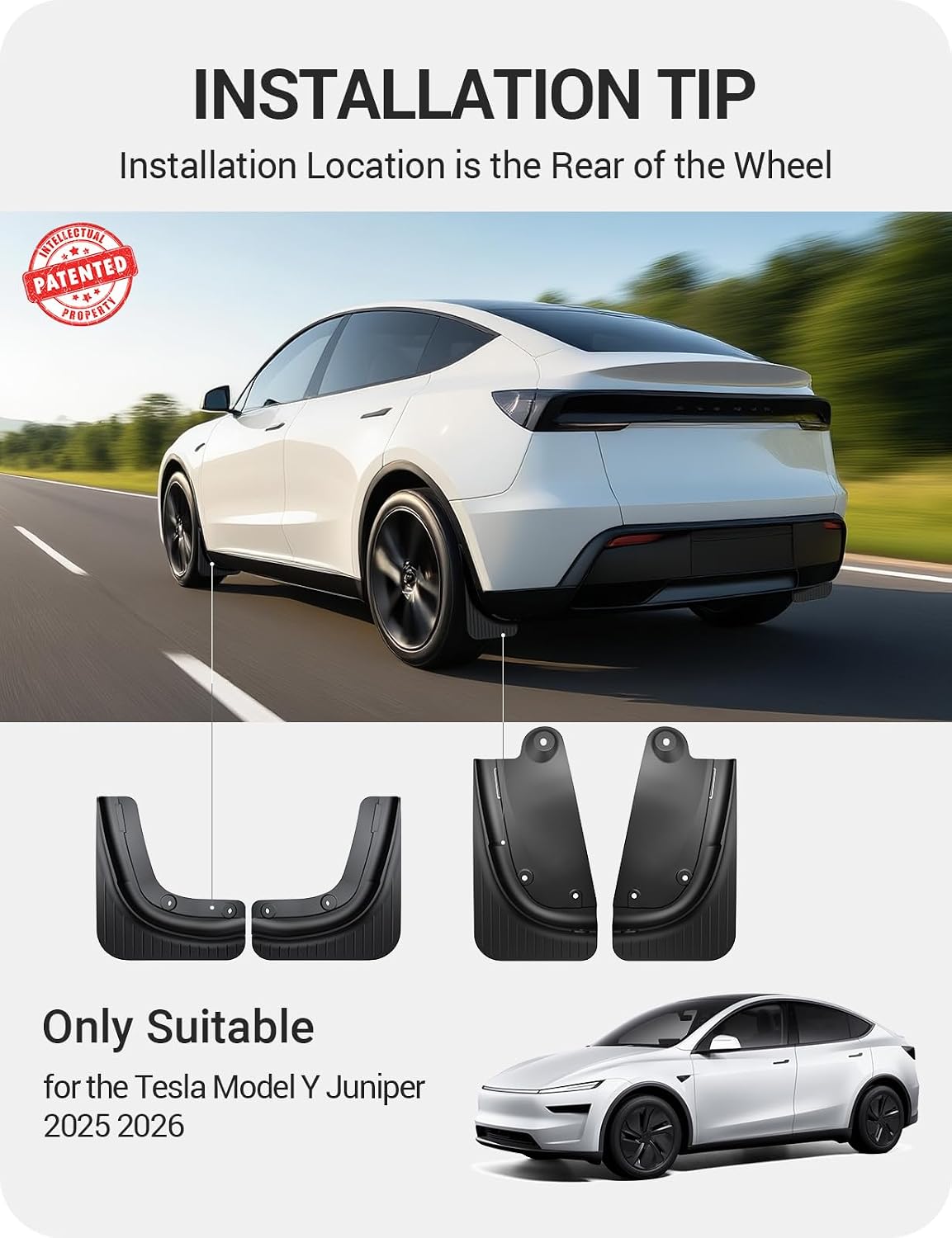 BASENOR 2026 2025 Tesla Model Y Mud Flaps Splash Guards, Aerodynamic Fenders [No Drilling No Tape] [Paint Protection] All Weather Tire Protector TPE Mudflaps for Model Y Juniper