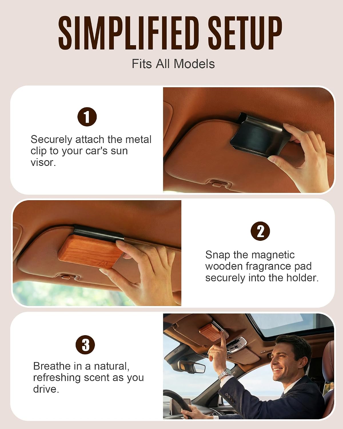 Natural Wooden Car Air Freshener for Visor Clip- Natural Teak/Cabana/Amber Scents, Long-Lasting Odor Eliminator with Metal Clip, 3 Refillable Wood Chips for Cars/Trucks/SUVs
