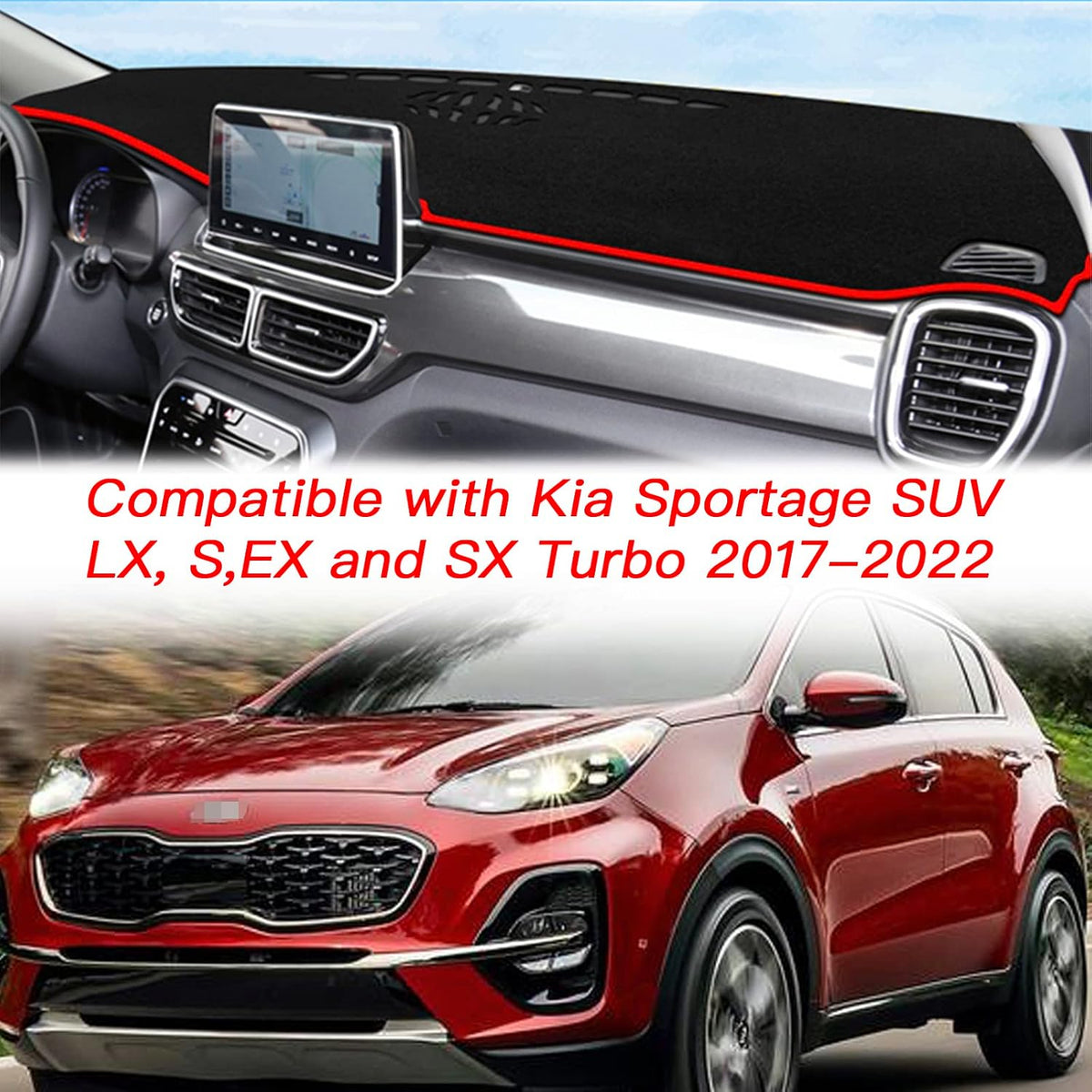 Dash Mat Cover Custom Interior Center Console Compatible with Kia Sportage SUV 2017 2018 2019 2020 2021 2022 Dashboard mat Covers Accessories (Red Trim)