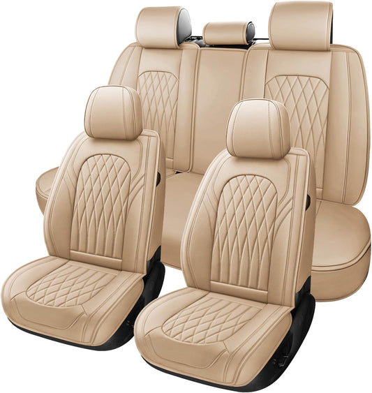 WELLDO Nappa Faux Leather Car Seat Covers Full Set, 5Seats,Beige