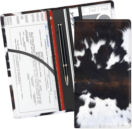 Leather Car Registration and Insurance Card Holder, Cute Car Accessories Vehicle Glove Box Car Organizer for Documents, Cards, License Black White Cowhide