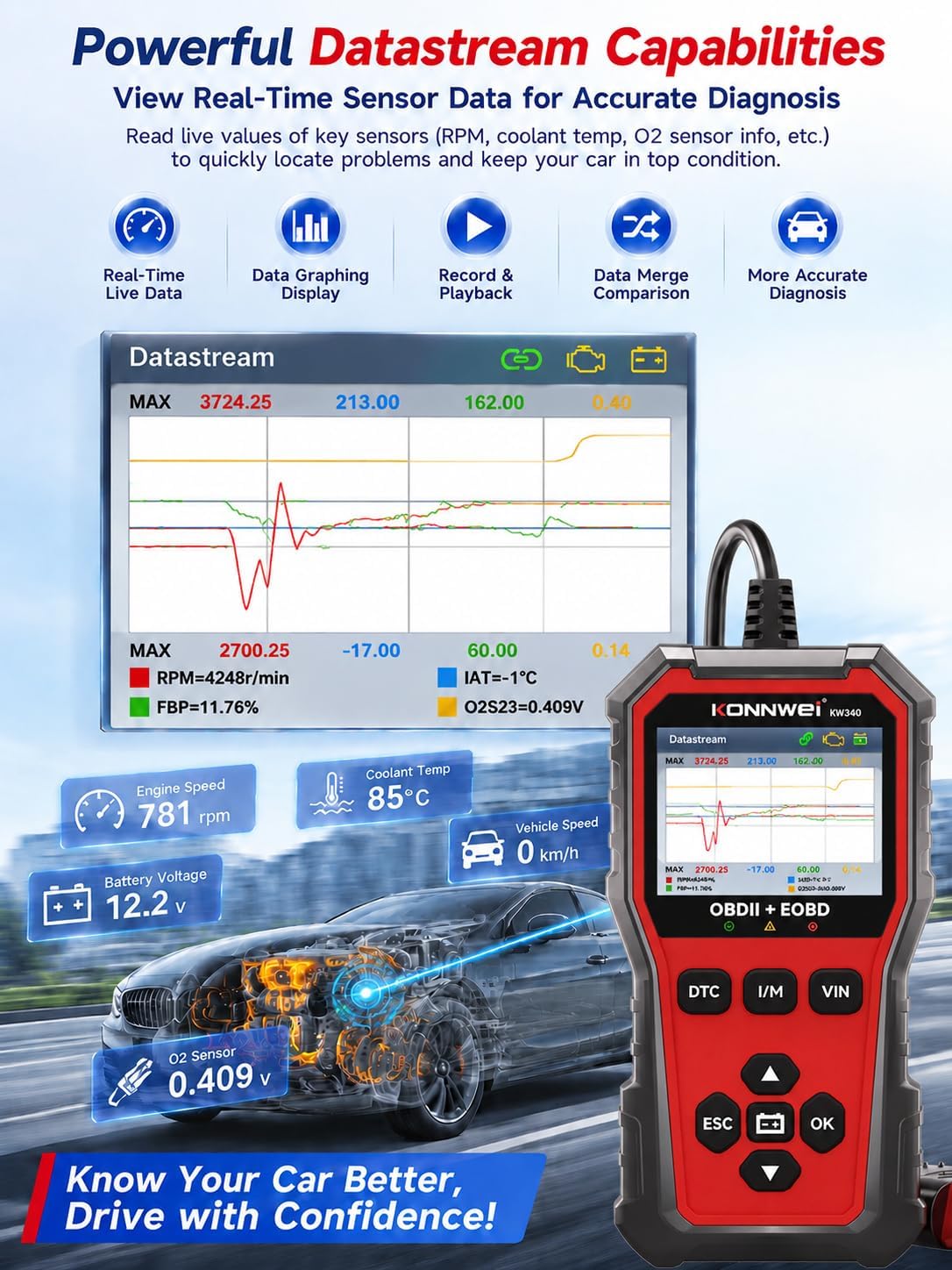 KONNWEI KW340 Upgraded OBD2 Scanner Diagnostic Tool, for Check Engine Light