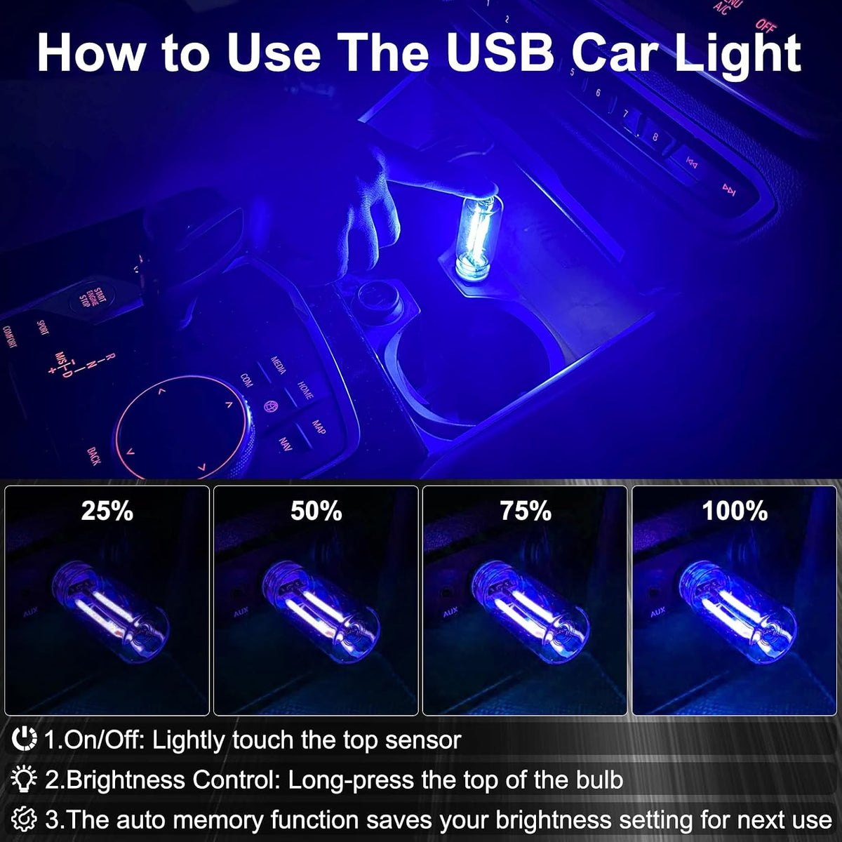 2 PCS Car USB Night Light Bulb, Touch Dimmable Car Interior Ambient Lights, Portable Mini USB Retro Glass Bottle Lamp Decorations for Vehicle, Bedroom, Hallway, Camping (Blue)