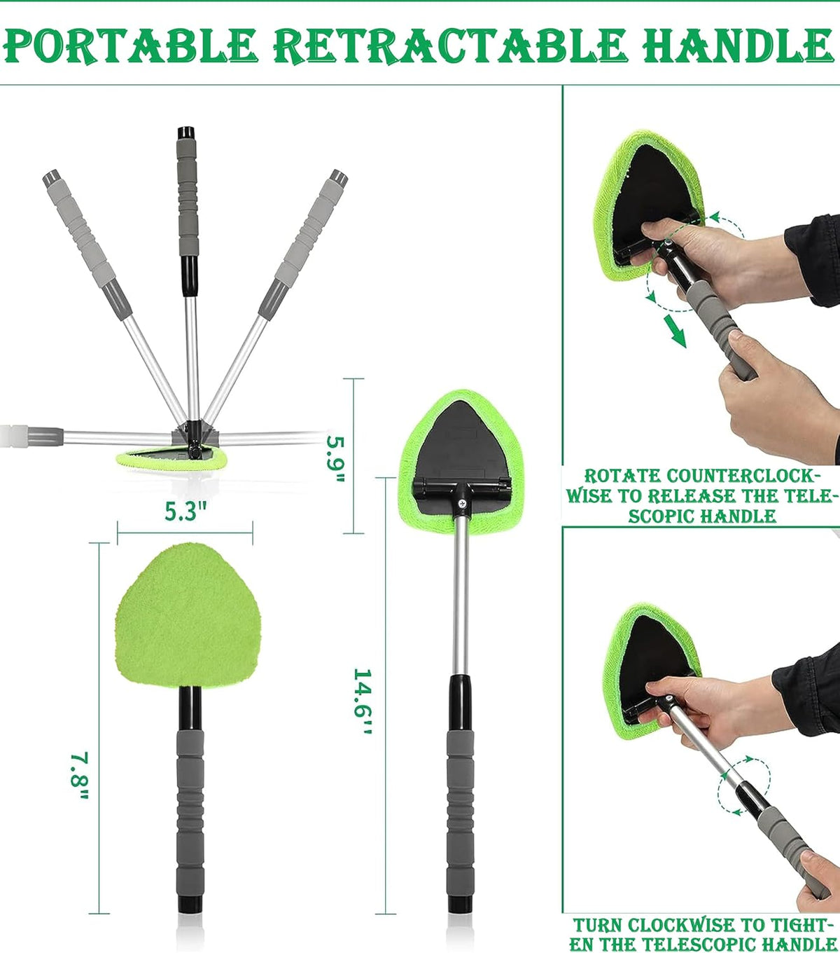 Car Windshield Cleaner Tool with Reusable Pads Extendable Handle(Green)