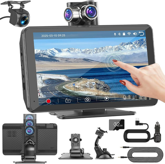 7" Portable Car Screen with Dual Dash Cam, Wireless CarPlay Android Auto