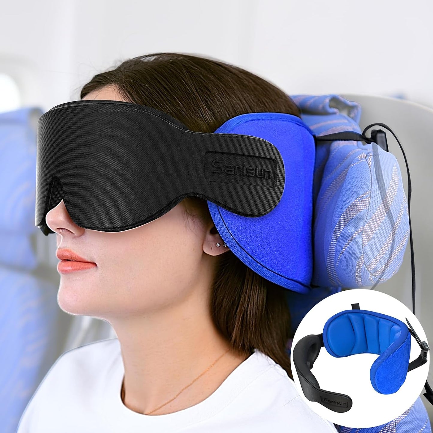 SARISUN Travel Pillows for Airplanes, Airplane Pillow for Long Flight, Airplane Head Strap with Eye Mask for Sleep, Travel Neck Pillow for Car Road Trip, 360° Support Headrest, Stop Bobblehead, Orange