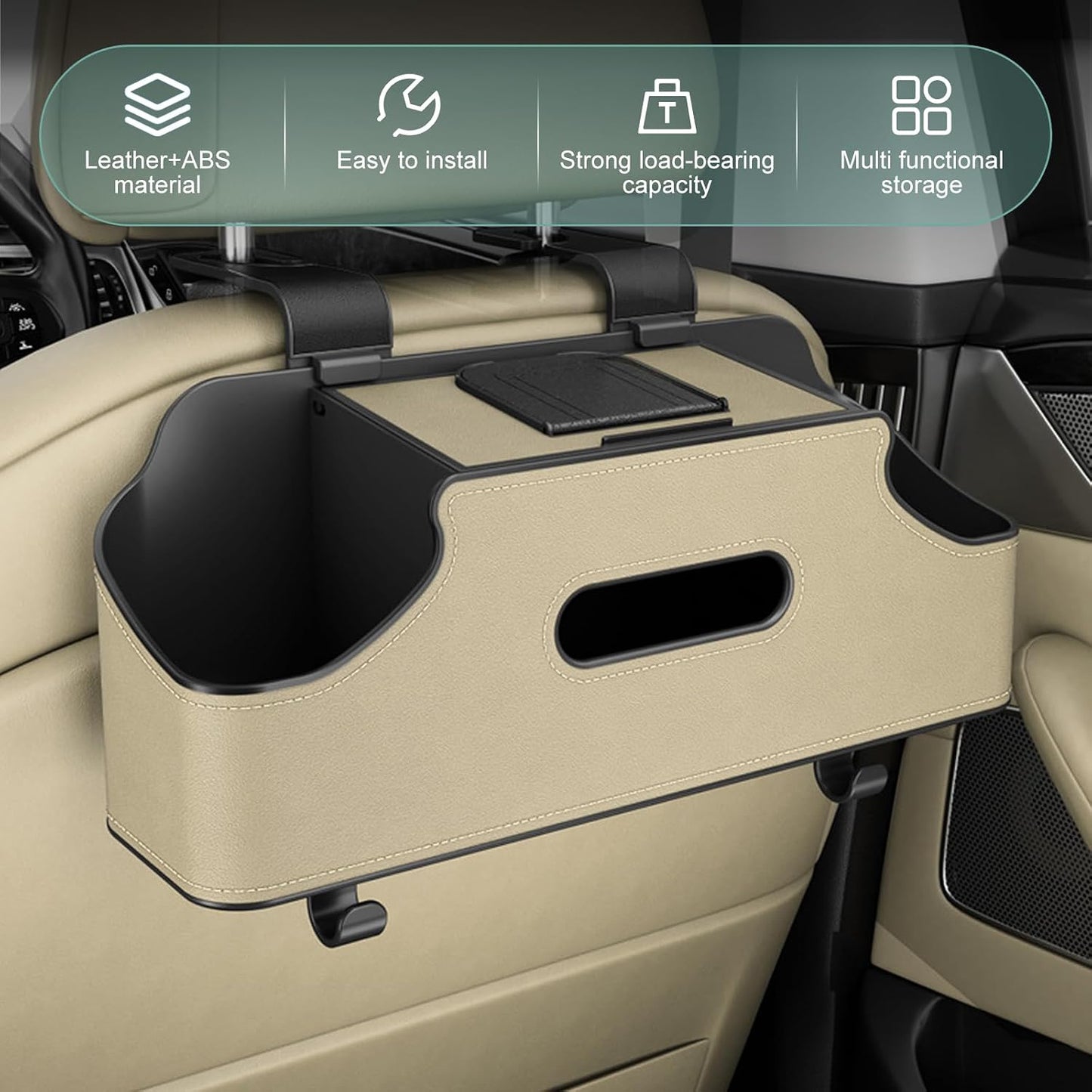 Car Seatback Organizer with Cup Holder, Leather Headseat Tissue Box and Storage Box, Multifunction Auto Rear-mounted Mobile Phone Holder, for Most Cars (Beige)