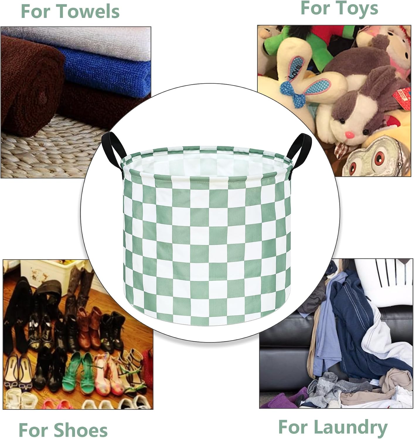 MAIZMZ 3 Pack Sage Checkered Storage Baskets Kids Hamper, 15.7"D x13.3"H, Waterproof Lining, Leather Handles, Collapsible for Laundry, Toys, Clothes, Gift Set