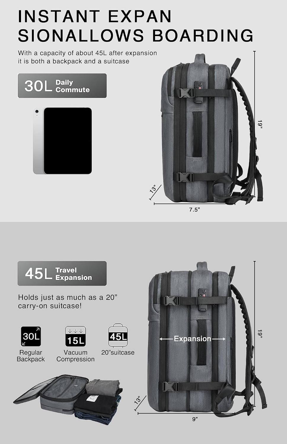 Vacuum Seal Travel Backpack 45L with Pump - Expandable Air Compression System, Water-Resistant Business TSA Lock, Laptop Backpack, Carry-On Suitcase Luggage, Gifts for Men
