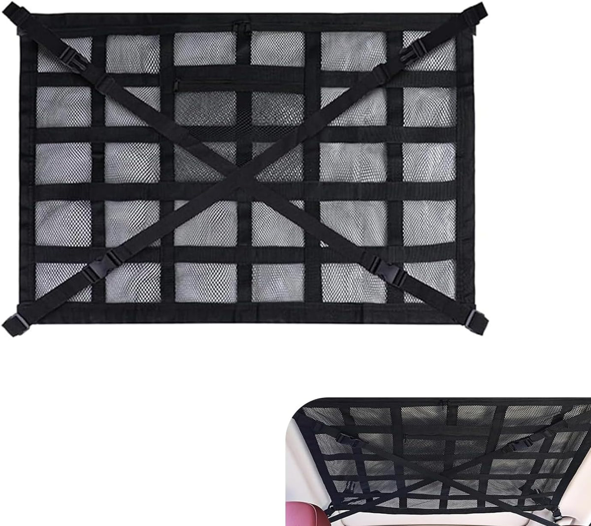 Double Layer Mesh Roof Storage Organizer, 31.5"x 21" Car Ceiling Cargo Net, Car Roof Storage, Overhead Net for SUV Truck Van Camping Travel Road Trip Essentials(Black)