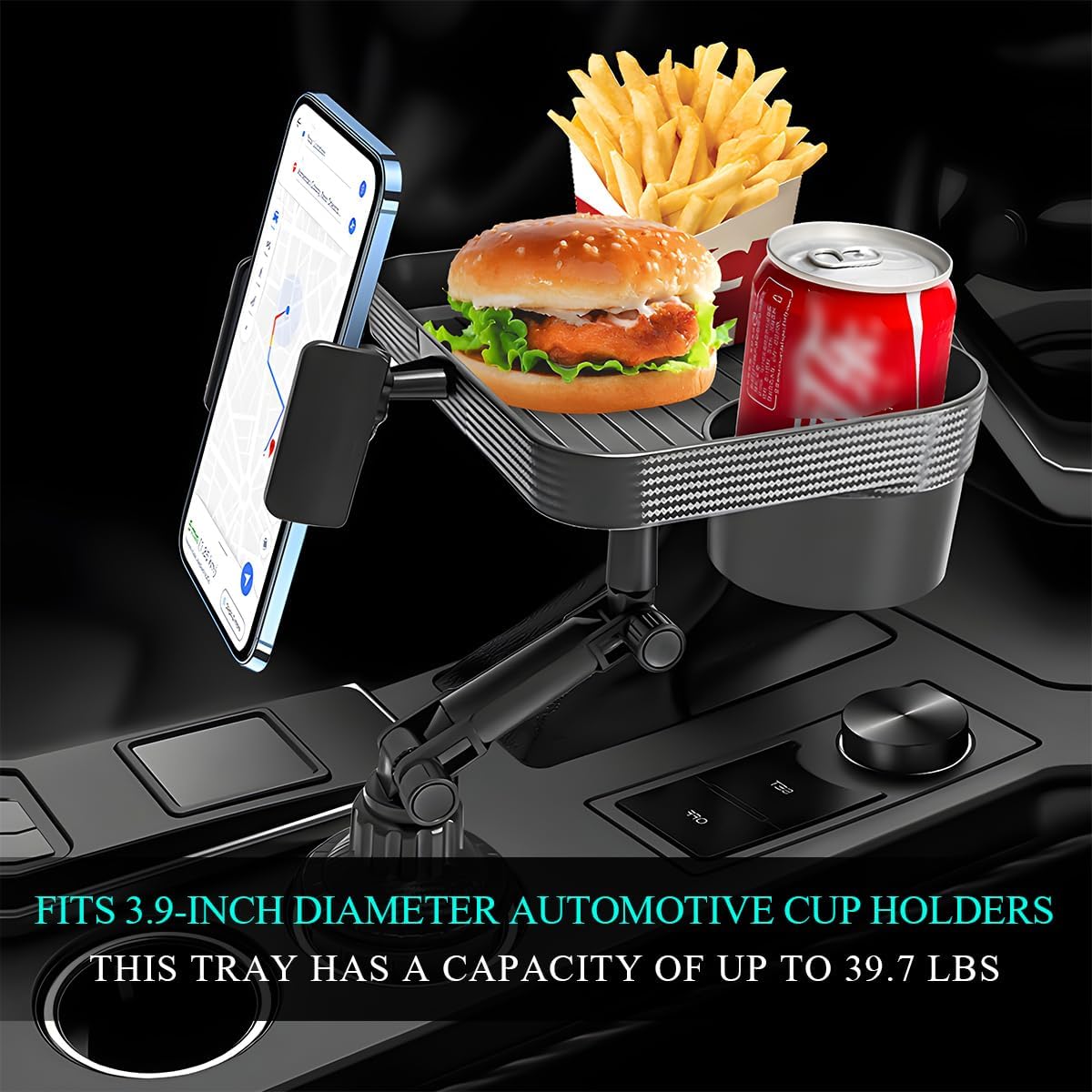 Car Cup Holder Tray, 3 in 1 Detachable Auto Cup Holder Tray Food Table with Phone Stand, Multi-Functional Cup Holder Anti-Slip Tray with Phone Holder, Car Accessories