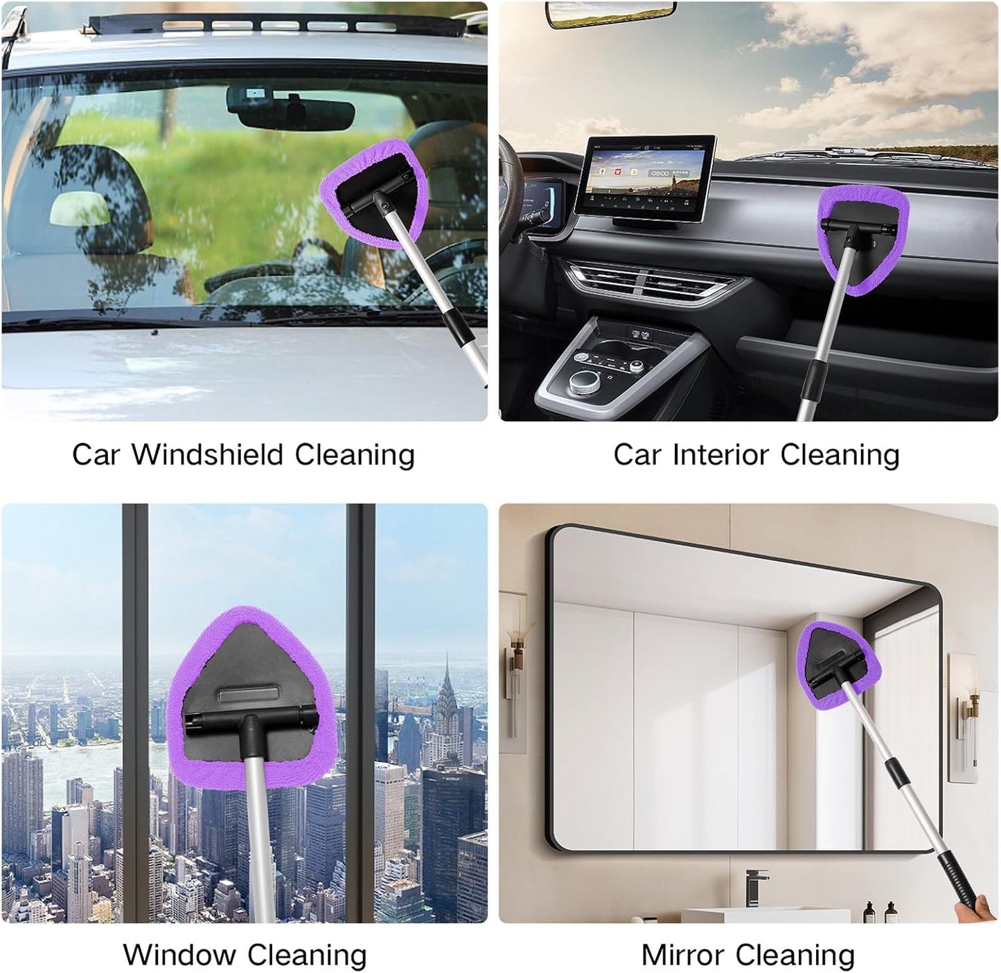 Qydipclin 10pcs Windshield Cleaning Tool Inside Car Window Cleaner Wash Kit with 4 Reusable Microfiber Pads 1 Spray Bottle and Extendable Handle Interior Auto Glass Wiper Kit, Purple