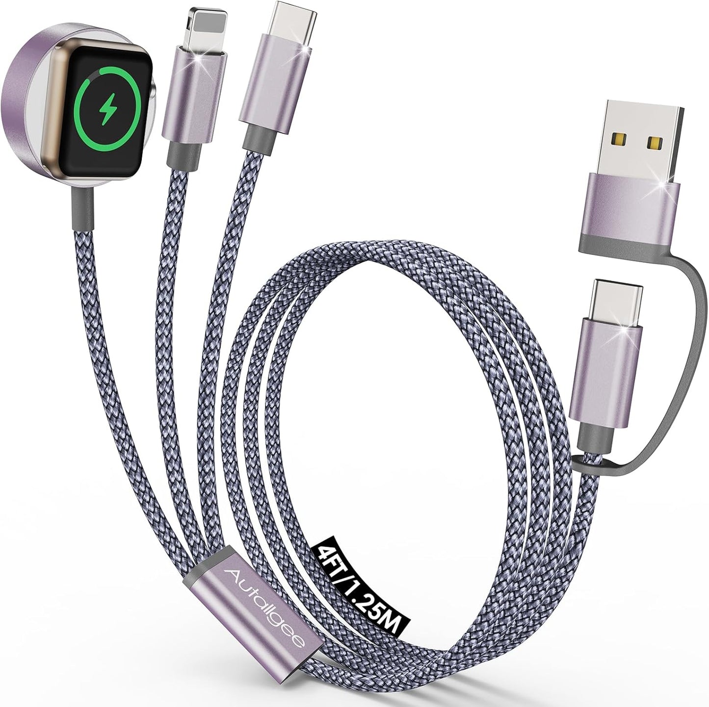 Travel Essentials,Multi Charging Cable for Apple Watch Charger/iPhone Charger/Samsung Charger,Airplane Gadgets RV Essentials for iWatch Ultra/10-2/iPhone 17-11/Samsung S25-S20,airPods,Car-4FT Gray
