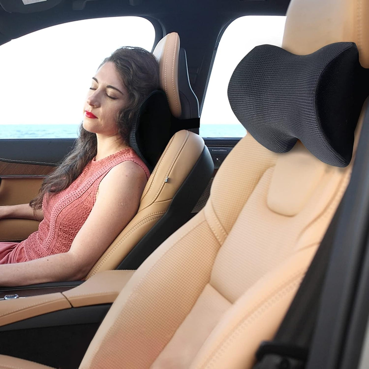 SPRFUFLY Make Relaxing Car Headrest Pillow, Car Pillow for Driving with Adjustable Strap, Breathable Removable Cover & Ergonomic Design - Softness Travel Car Neck Support Pillow(Black, 1PC)