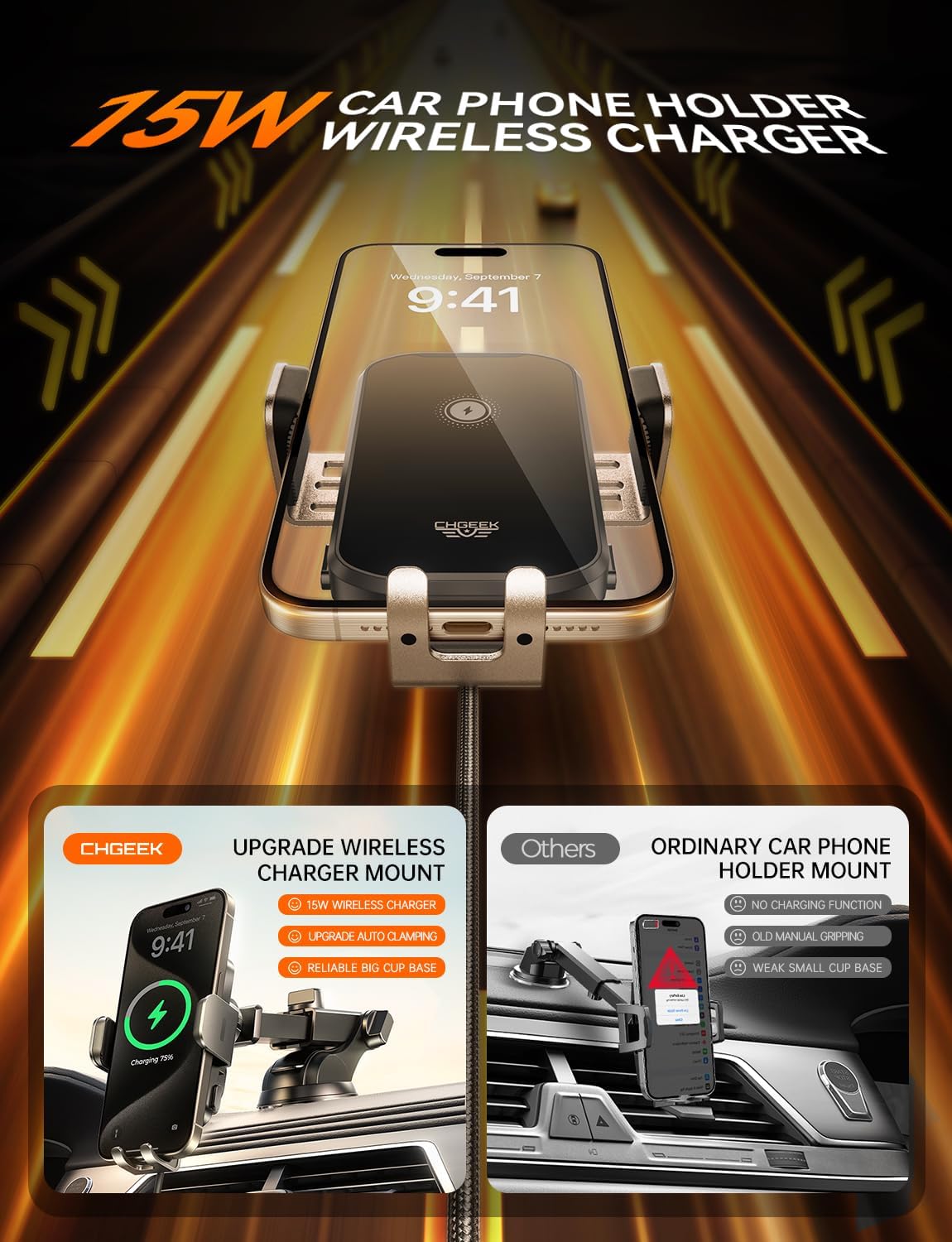 Chgeek Wireless Car Charger, 15W Fast Charging Auto-Clamping Phone Holder