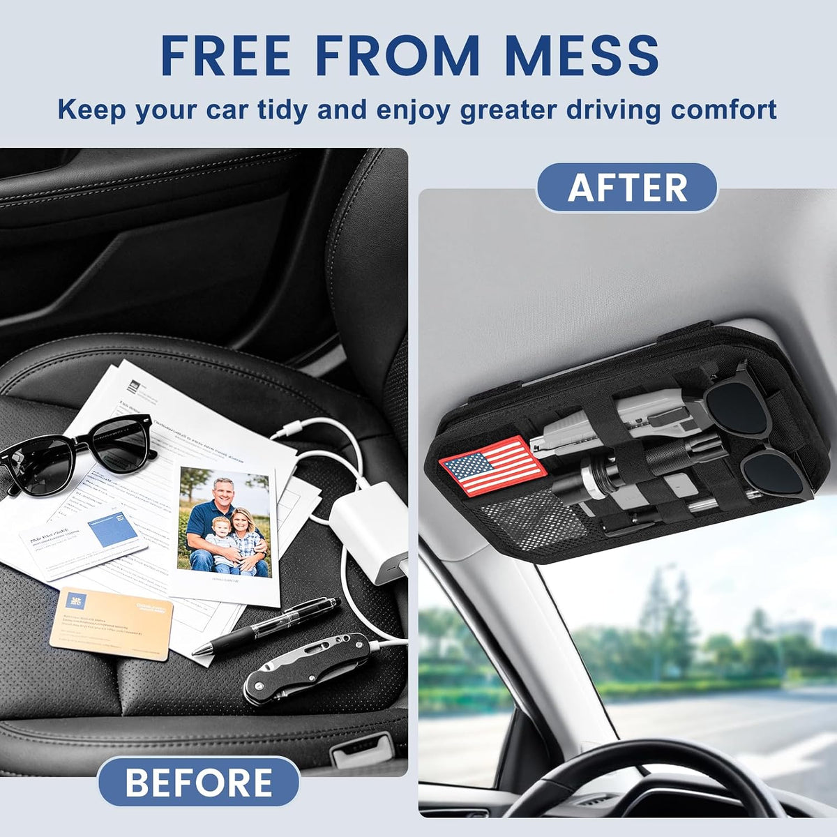 Car Sun Visor Organizer, Multi-Pocket Tactical Visor Storage with Zipper