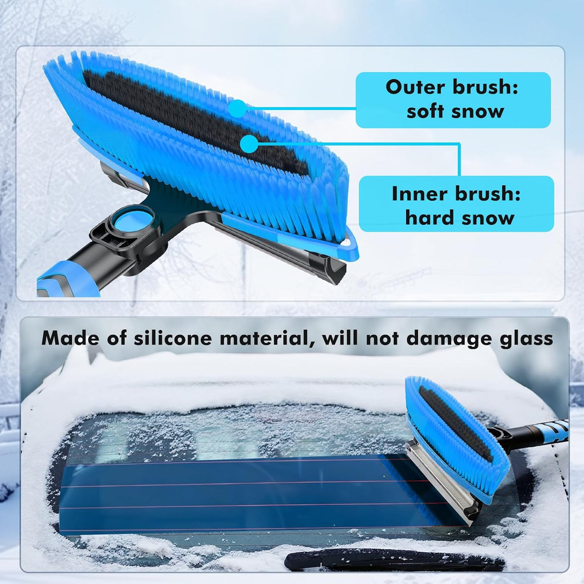 7 in 1 Snow Shovel & Snow Brush Kit with Ice Scrapers for Car Windshield,62.2” Extendable & Bendable Thicken Aluminum Tube for Easy Roof Cleaning,180° Pivoting Brush Head & EVA Grip,Blue