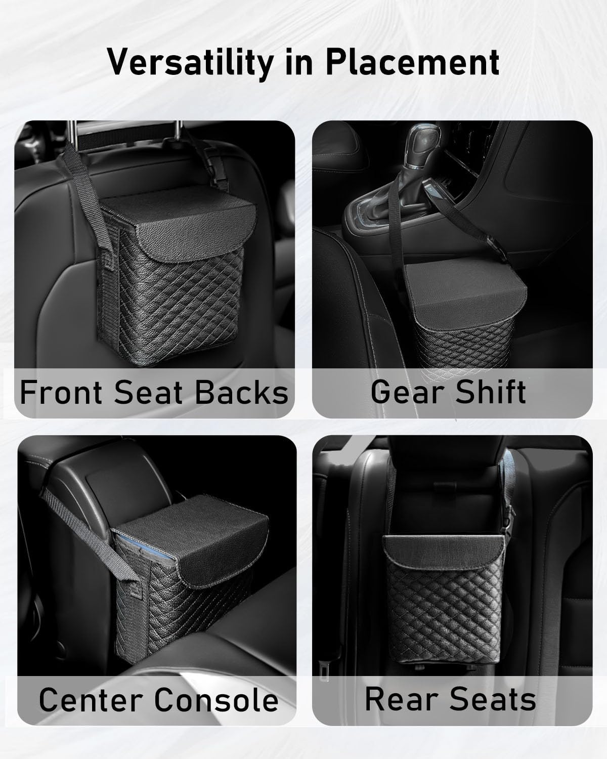 BELINOUS Leather Car Trash Can with Matching Tissue Holder | Waterproof and Leakproof, Mini Car Trash Can with Lid, Adjustable Strap, Small Garbage Bin