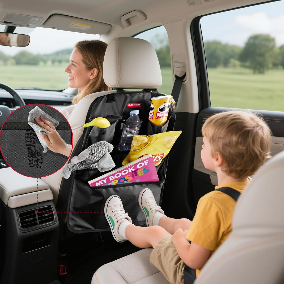Rubbermaid Backseat Car Organizer, Kick Mats and Seat Back Protector, Car Organizer for Kids with 6 Storage Pockets, Travel Essentials for SUV, Truck, Car - 2 packs Black