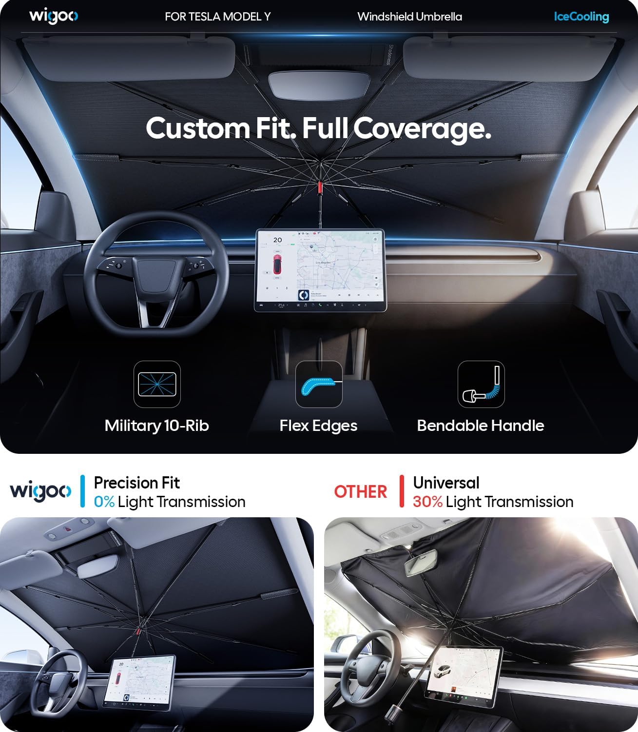 Wigoo Windshield Sun Shade Umbrella for Tesla Model Y [100% Sun Blockage, Ice Cooling Fabric] Foldable Heat Insulation Front Window Sunshade Umbrella for Tesla Model Y 2020–2026 (Juniper)