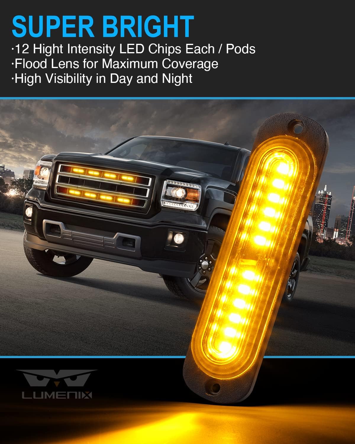 LUMENIX White Amber LED Surface Mount Strobe Flashing Lights Kit w/Controller 8PCS Grille Side Marker Emergency Warning Caution Light Assemblies for Construction Vehicles Trucks, Traffic| Sync Feature