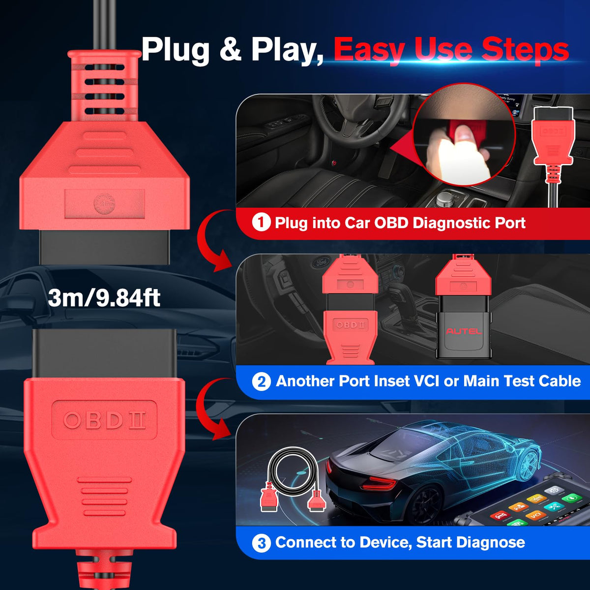 Autel OBD 2 Extension Cable, 10ft 3M, 16 Pin OBD II OBD2 Extension Cord