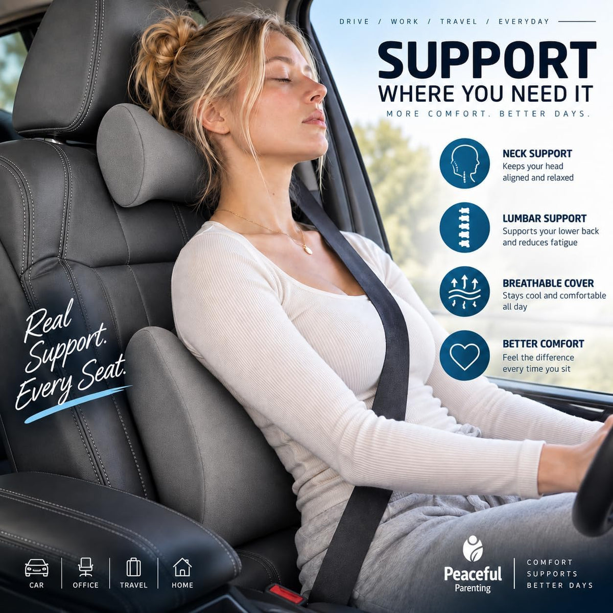 Lumbar & Neck Support Pillow Kit - Gray - Back & Neck Support Pillow for Car & Office Chair - Memory Foam Pillow - Ergonomic Pillow for Neck & Back Pain Relief