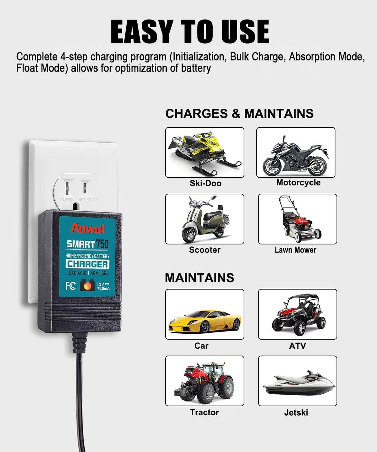 Aowel 12V 750mA Trickle Charger, Smart Battery Charger & Maintainer for Motorcycle, ATVs and More