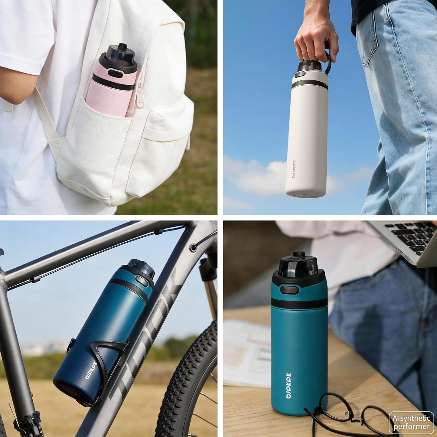 BJPKPK 25oz Insulated Water Bottle with 2-1 Straw Spout Lid, Stainless Steel Metal Water Bottles with Carry Handle, BPA Free, Leak-Proof, Fits in Car Cup Holder, Thermo for Sports,Army Green