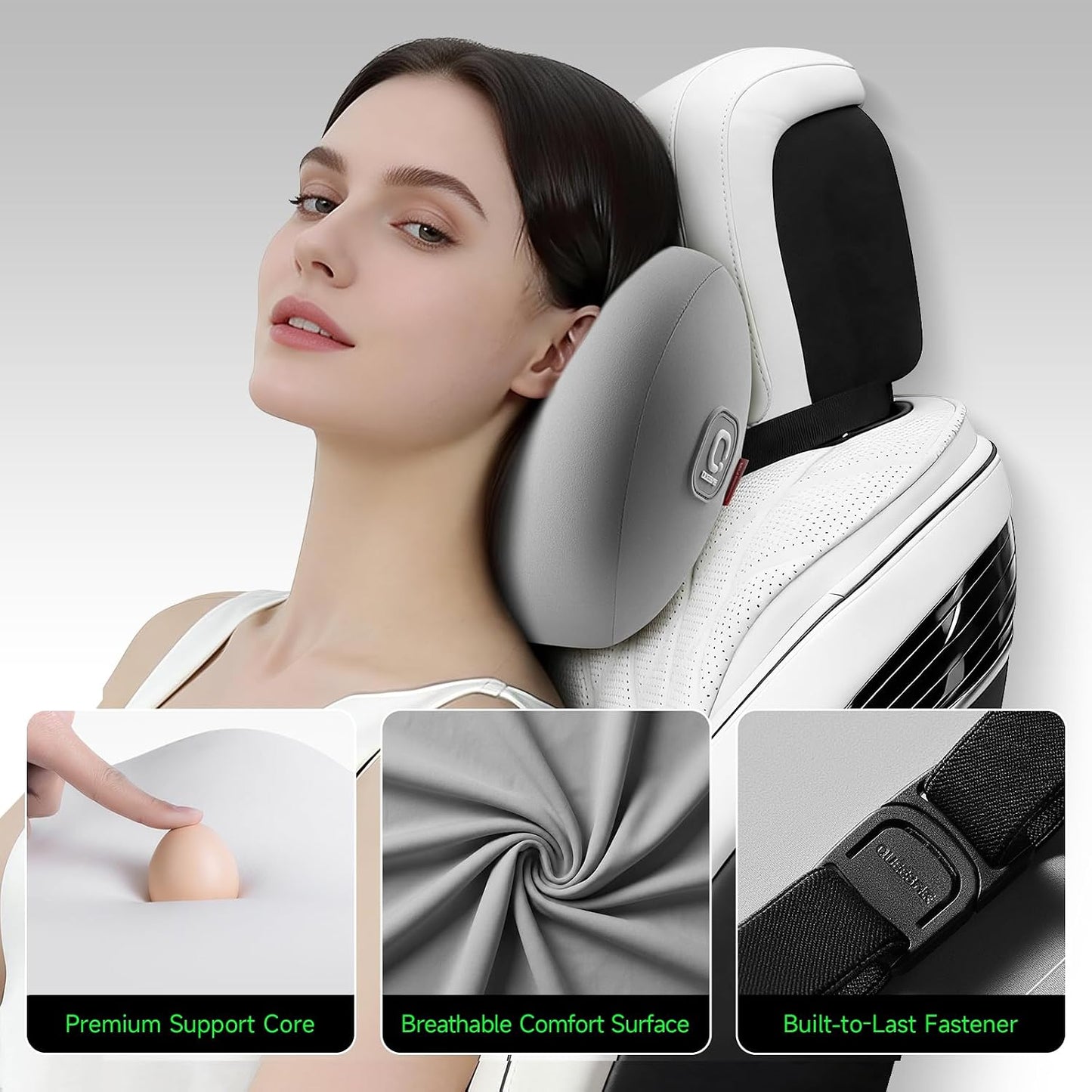 BEBAS Memory Foam Car Headrest Pillow - Breathable Neck Support Pillow for Driving, Universal Fit Cars/SUVs/Tesla/Toyota & Office Chair, Removable Cover (Grey, 4-Season)