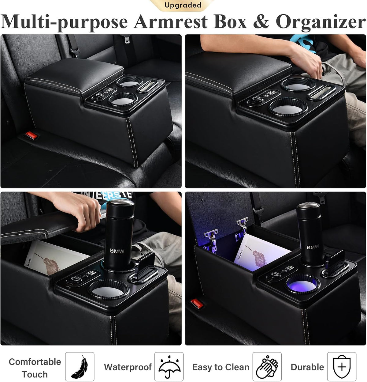 Coverado Car Center Console, Universal Rear Bench Seat Console, Back Seat Car Organizer, Automotive Center Console with Cup Holder & Phone Holder, Central Armrest Box (Update, Black)