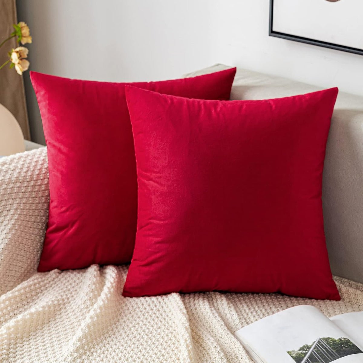 EMEMA Pack of 2 Velvet Pillow Covers Decorative Square Pillowcase Soft Solid Cushion Case for Sofa Bedroom Car 16x16 Inch Pink