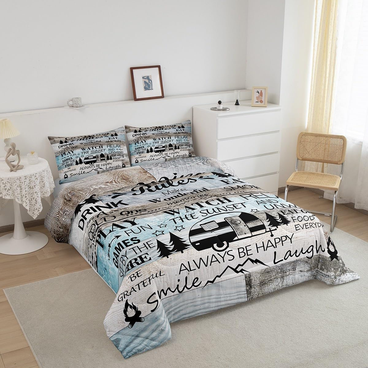 Happy Camping Camper Kids Comforter Set Twin Size,Rustic Farmhouse Adventure Cabin Bedding Set,Girls Boys Room Decor,Wooden Plank Cottage Lake House Quilt Comforter,Vintage Duvet Insert,1 Pillowcase