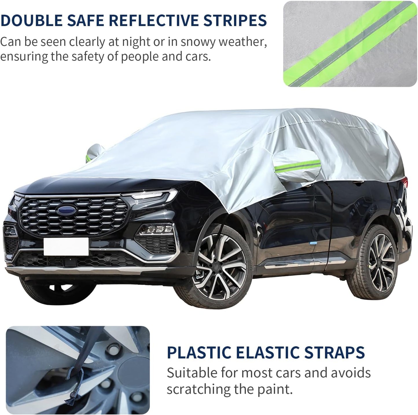 Hrozny Half Car Cover, Car Windshield Cover for Ice and Snow with Reflective Straps, Car Snow Cover Universal Fit for Most Cars (SUV)