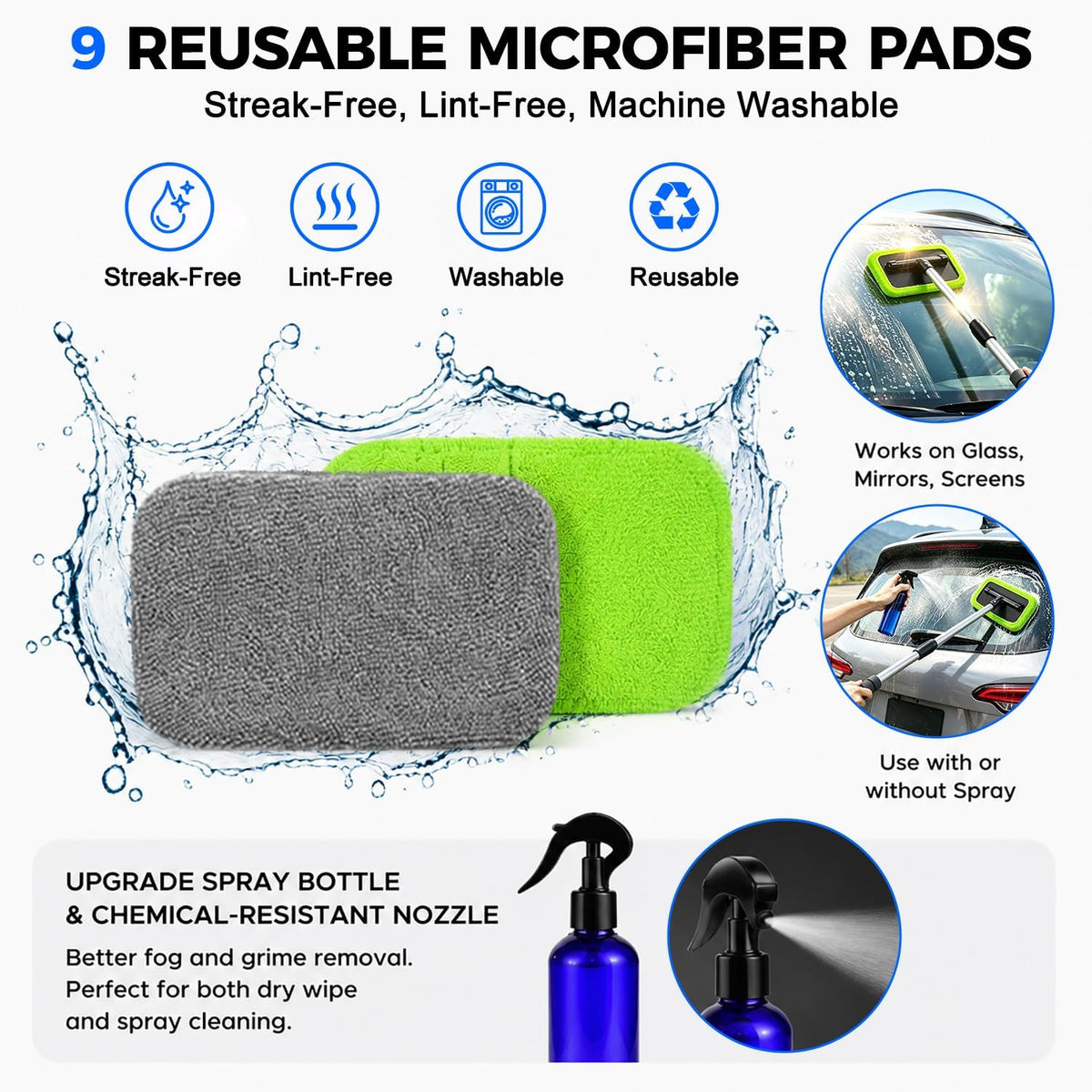 XINDELL Interior Windshield Cleaner Tool – Car Window Cleaning Tool Extendable Handle for Easy Cleaning, 9pcs Reusable Microfiber Pads, Streak-Free Interior & Exterior Auto Glass Cleaner