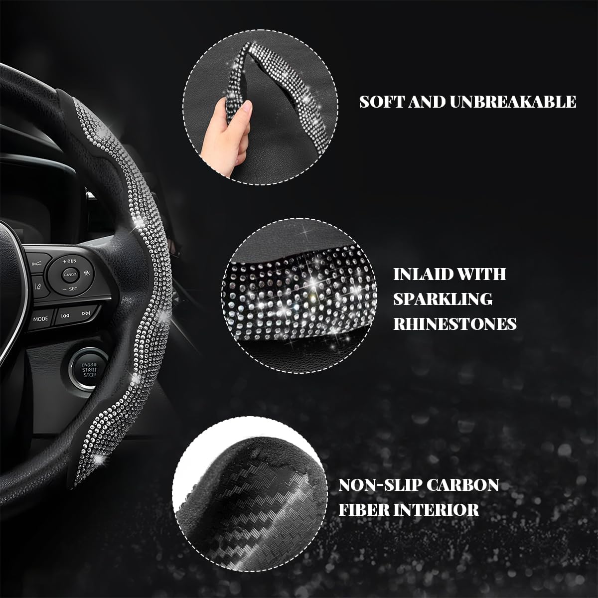 2 PCS Steering Wheel Cover, Segmented Car Wheel Covers with Crystal Rhinestones, Non-Slip Protector Bling Sparkly Decoration for Most Steering Wheels, Car Accessories (Red)