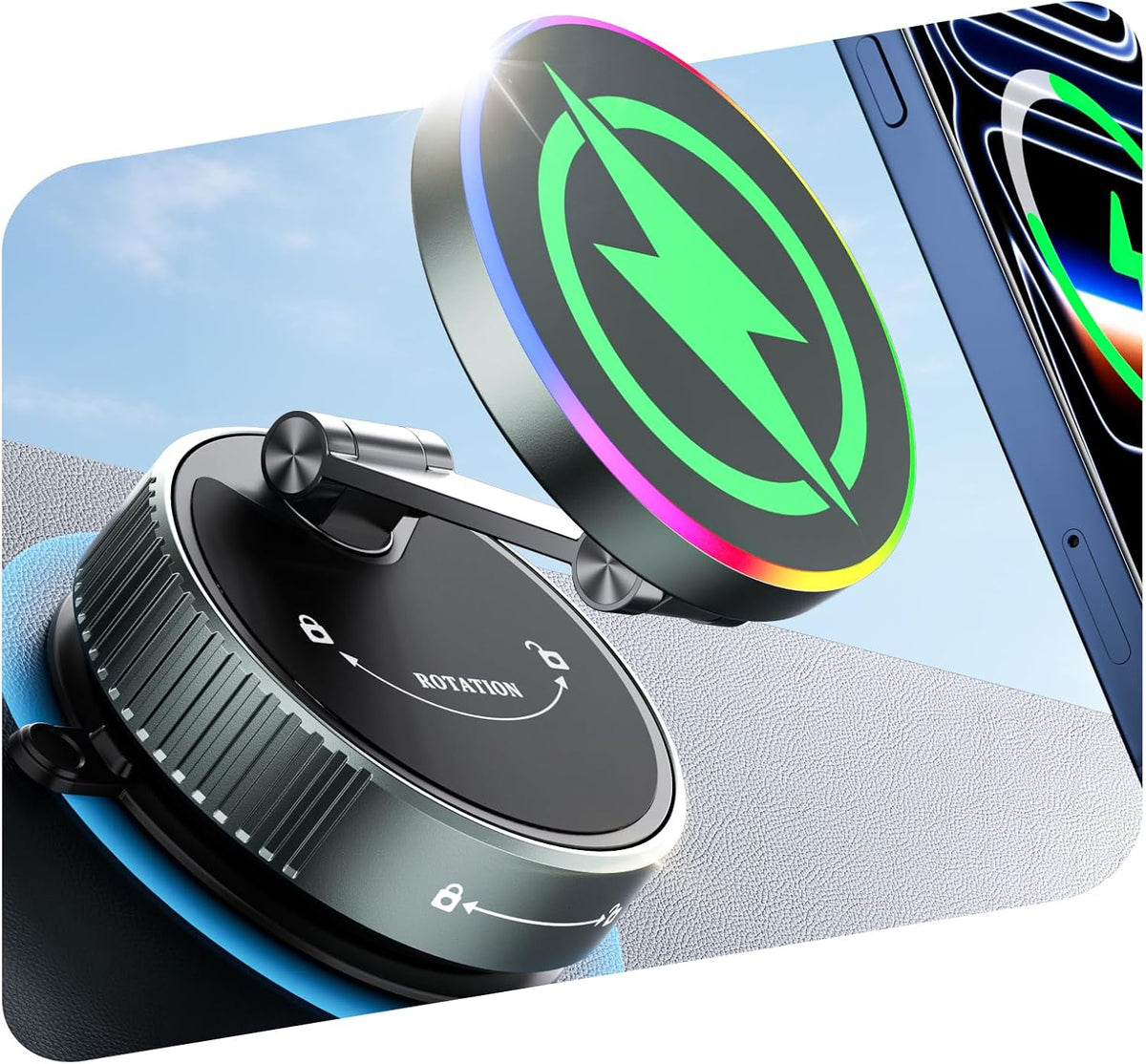 CloudValley 15W Wireless Charger Magnetic Car Phone Holder with RGB Light