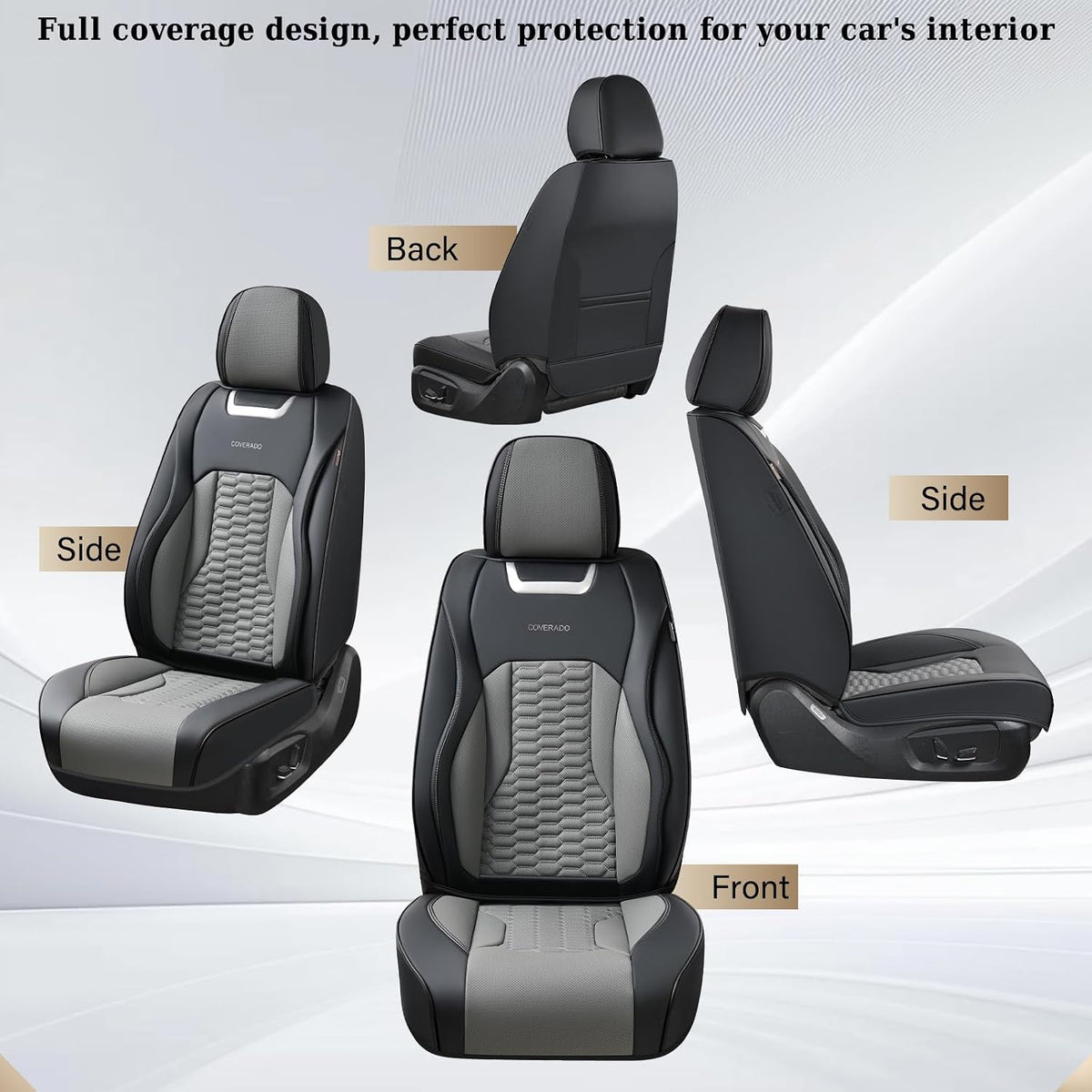 Coverado Car Seat Covers Front Seats, Luxury Leather Seat Covers for Cars, Automotive Car Seat Covers Protector Universal Fit Most Sedans, SUVs, Pick-up Trucks Interior Accessories(Black&Gray)