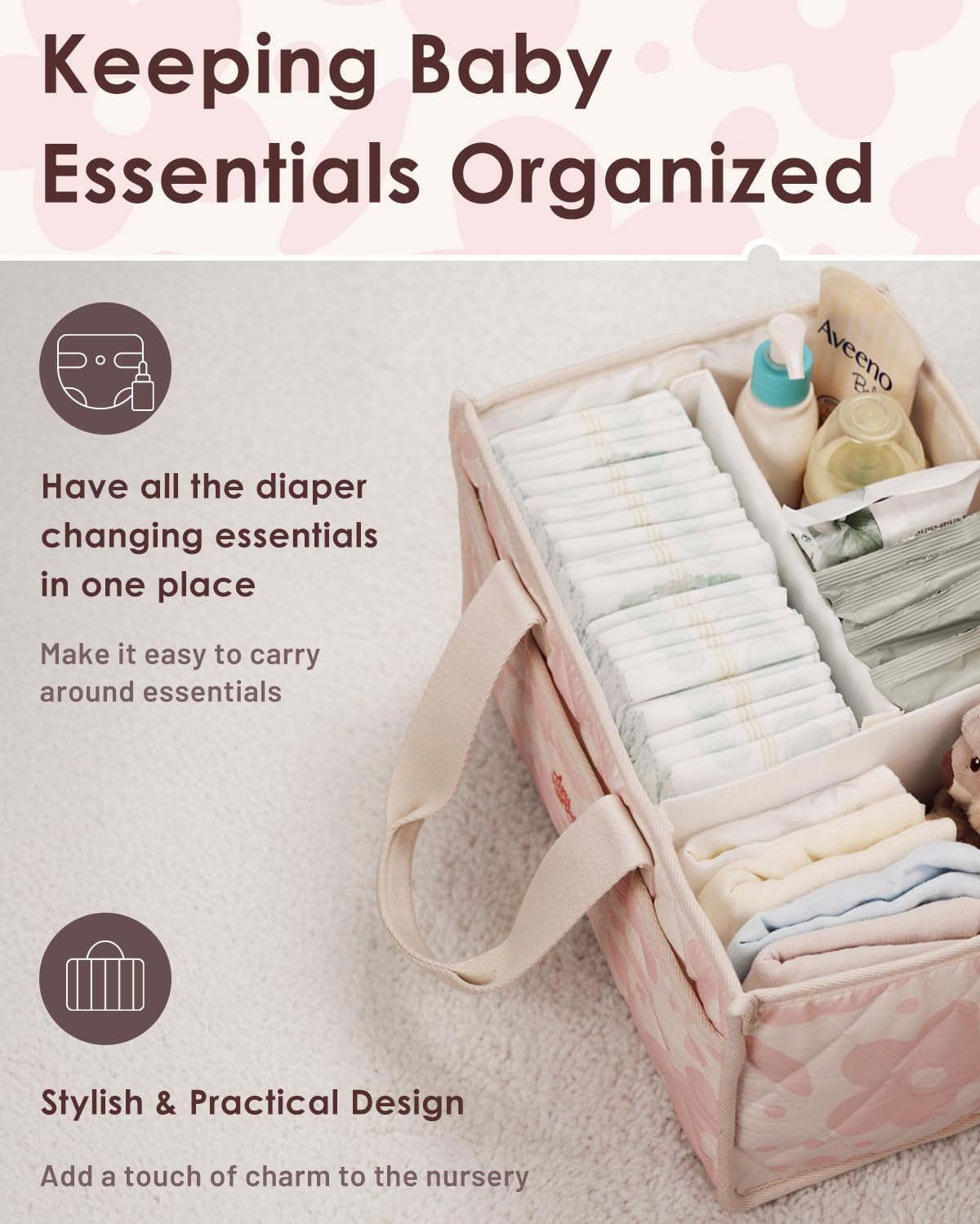 Baby Diaper Caddy Organizer – Nursery Storage Basket with Portable Handle & Removable Divider, Stylish Diaper Caddy for Changing Table, Couch, Car, Newborn Essentials Registry Search Must Haves